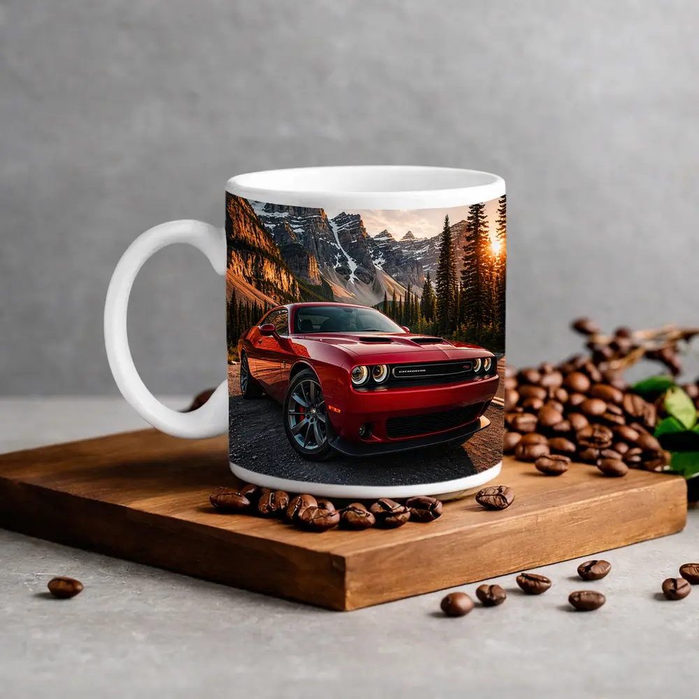 Red Dodge Challenger Parked Mountain Sunset – Mugs