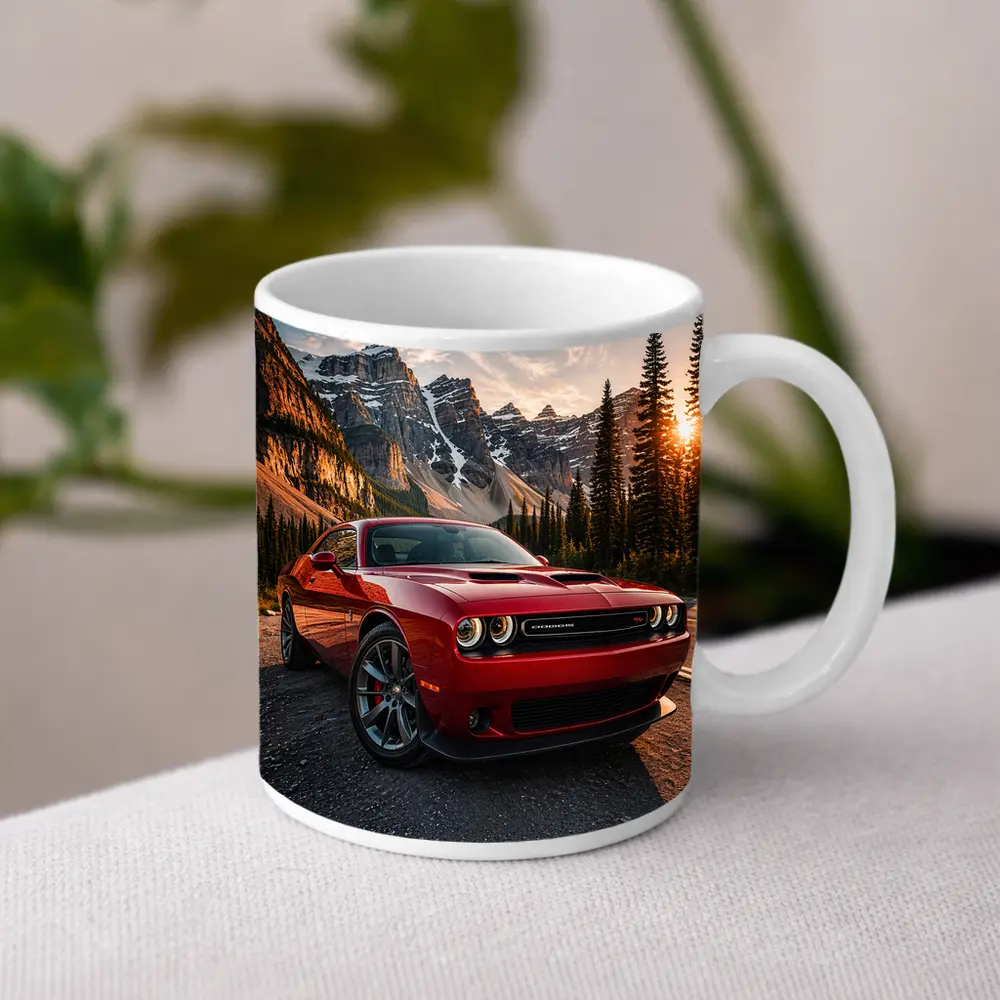 Red Dodge Challenger Parked Mountain Sunset – Mugs