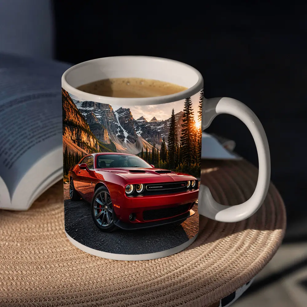 Red Dodge Challenger Parked Mountain Sunset – Mugs