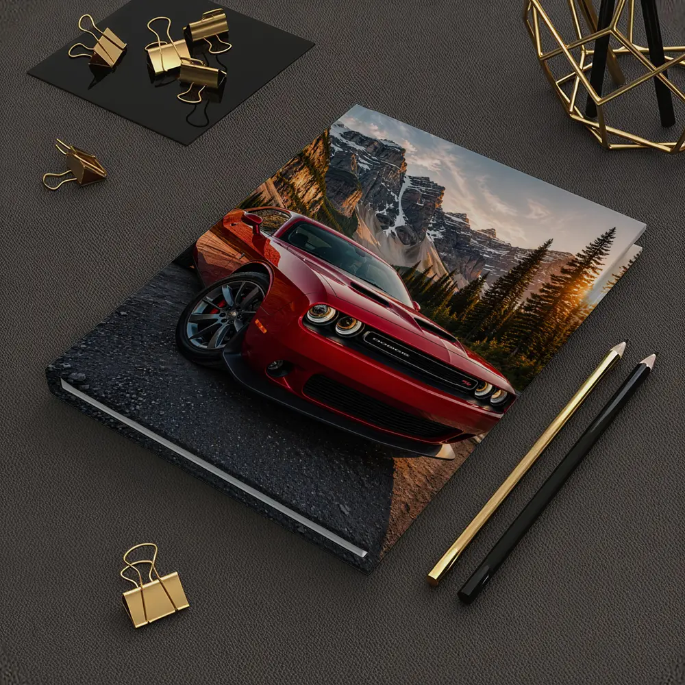 Red Dodge Challenger Parked Mountain Sunset – Notebooks