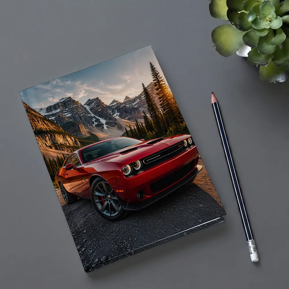Red Dodge Challenger Parked Mountain Sunset – Notebooks
