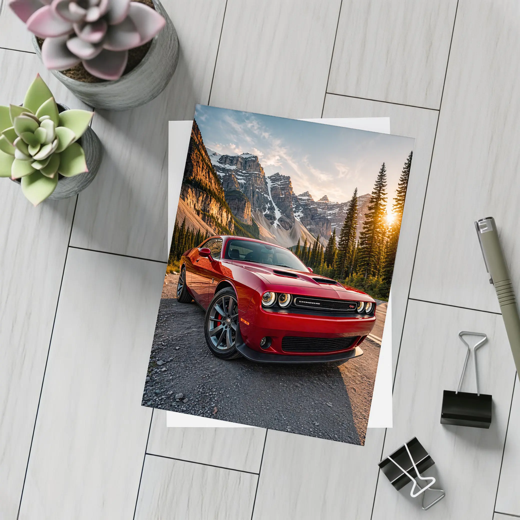 Red Dodge Challenger Parked Mountain Sunset – Postcards