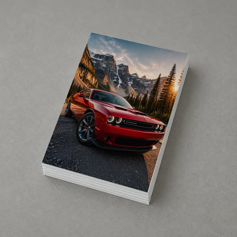 Red Dodge Challenger Parked Mountain Sunset – Postcards