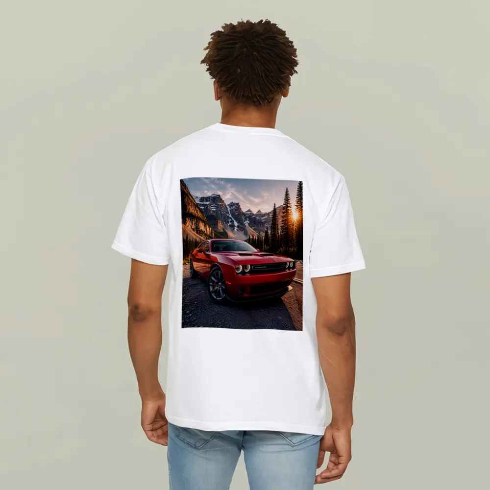 Red Dodge Challenger Parked Mountain Sunset – T-Shirts