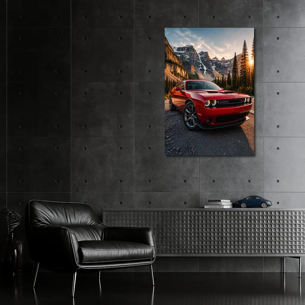 Red Dodge Challenger Parked Mountain Sunset – Wall Art
