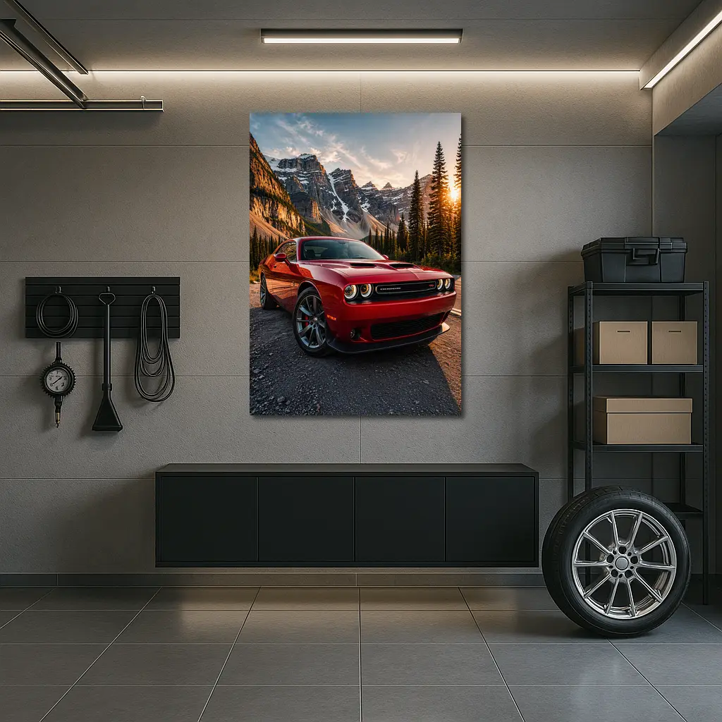 Red Dodge Challenger Parked Mountain Sunset – Wall Art