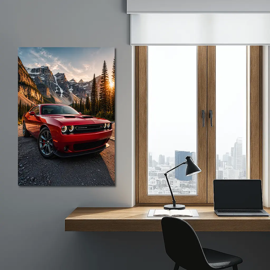Red Dodge Challenger Parked Mountain Sunset – Wall Art
