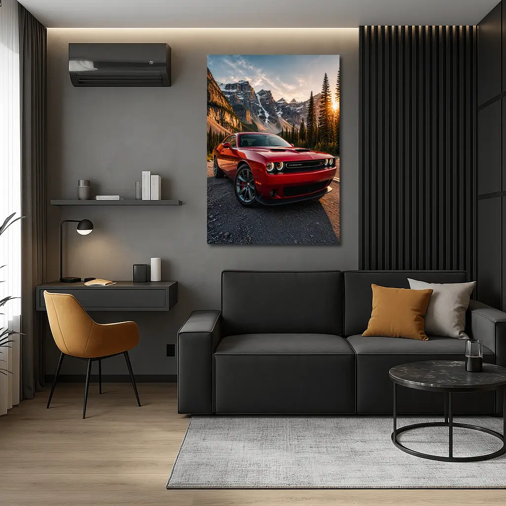Red Dodge Challenger Parked Mountain Sunset – Wall Art