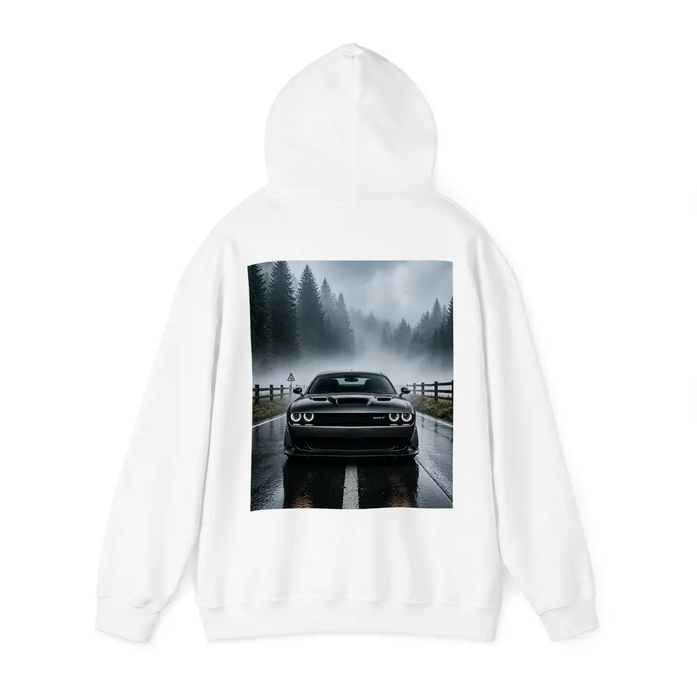 Dodge Challenger SRT On Foggy Forest Road – Hoodies