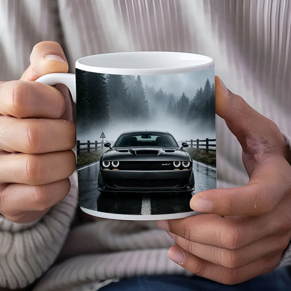Dodge Challenger SRT On Foggy Forest Road – Mugs