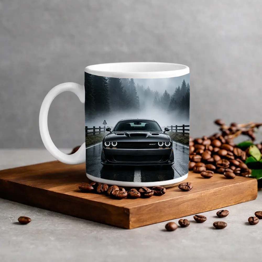 Dodge Challenger SRT On Foggy Forest Road – Mugs