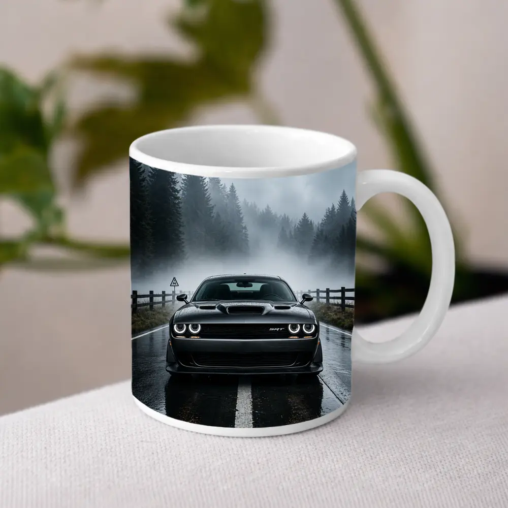 Dodge Challenger SRT On Foggy Forest Road – Mugs