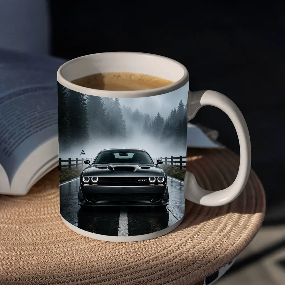 Dodge Challenger SRT On Foggy Forest Road – Mugs