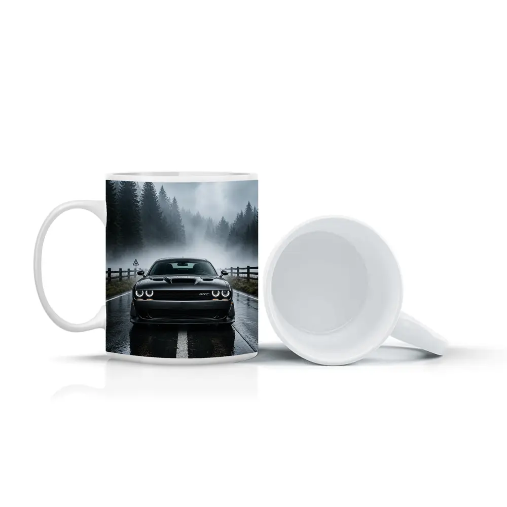 Dodge Challenger SRT On Foggy Forest Road – Mugs