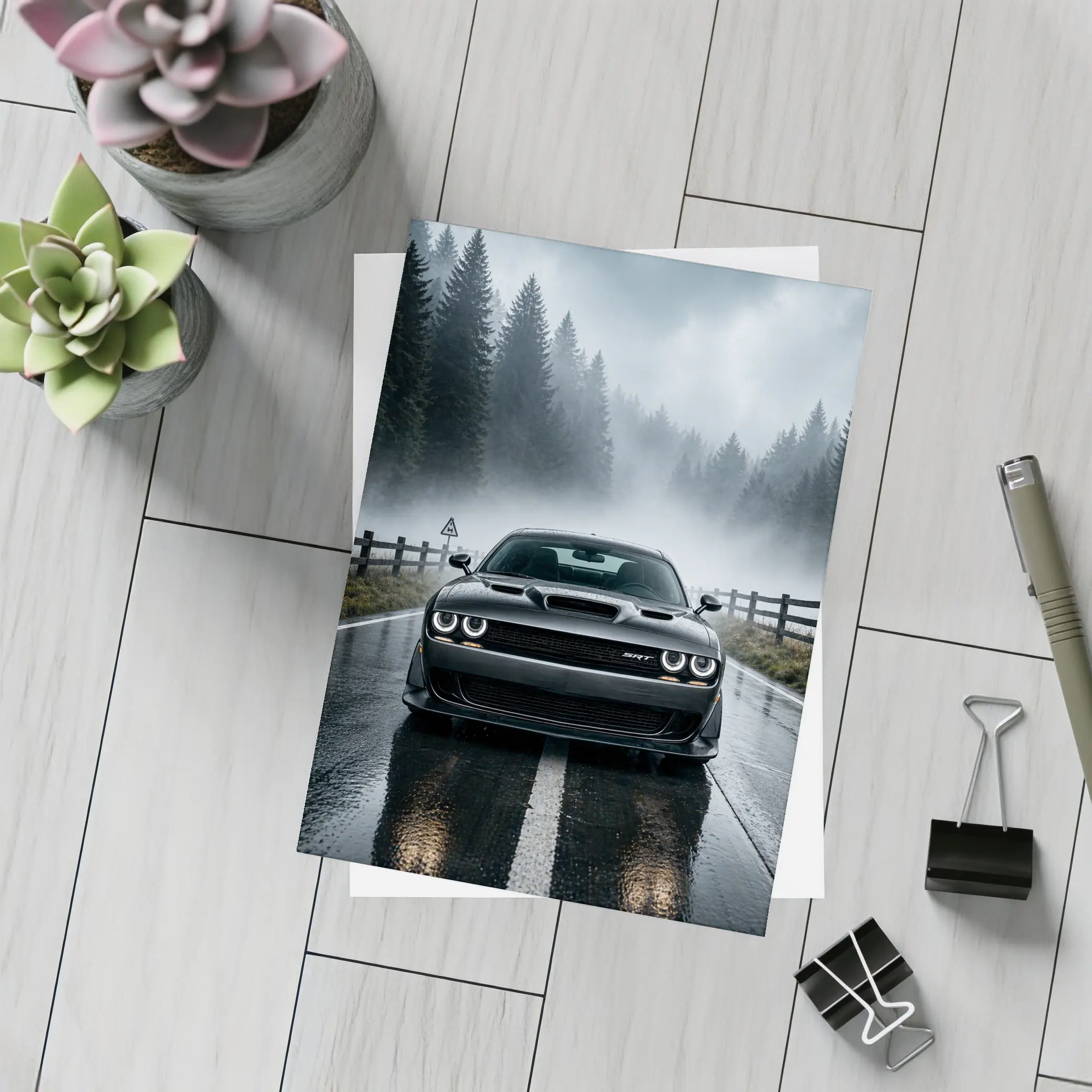 Dodge Challenger SRT On Foggy Forest Road – Postcards