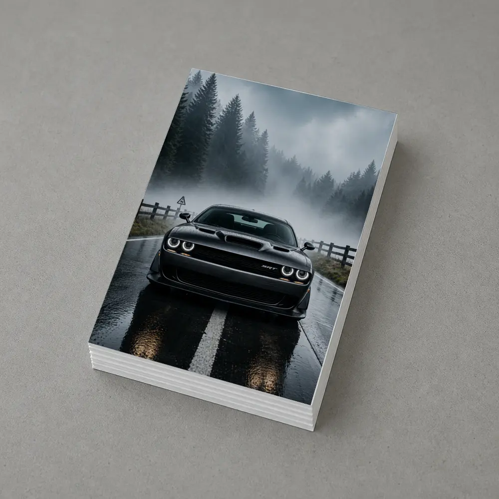 Dodge Challenger SRT On Foggy Forest Road – Postcards