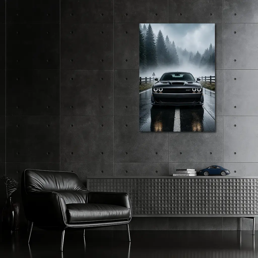 Dodge Challenger SRT On Foggy Forest Road – Wall Art