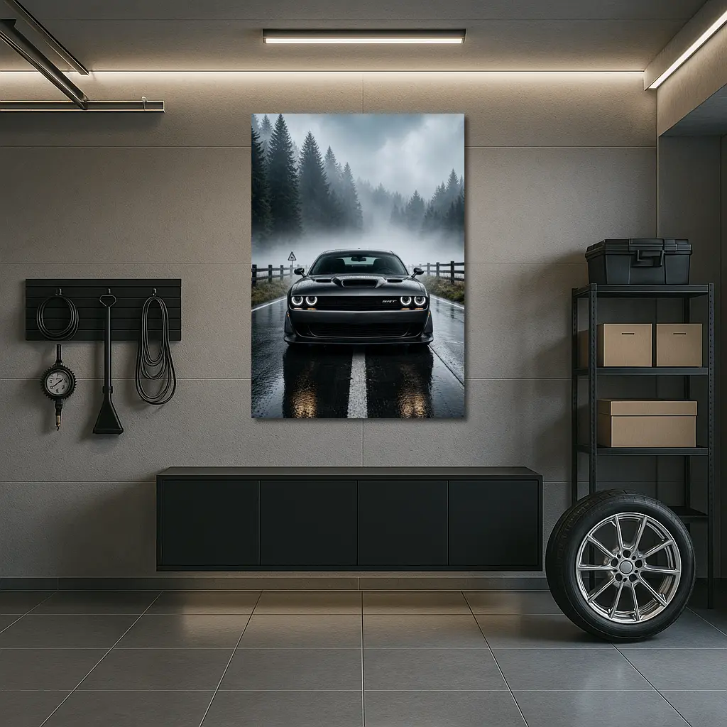 Dodge Challenger SRT On Foggy Forest Road – Wall Art
