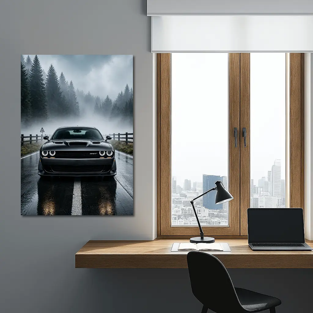 Dodge Challenger SRT On Foggy Forest Road – Wall Art