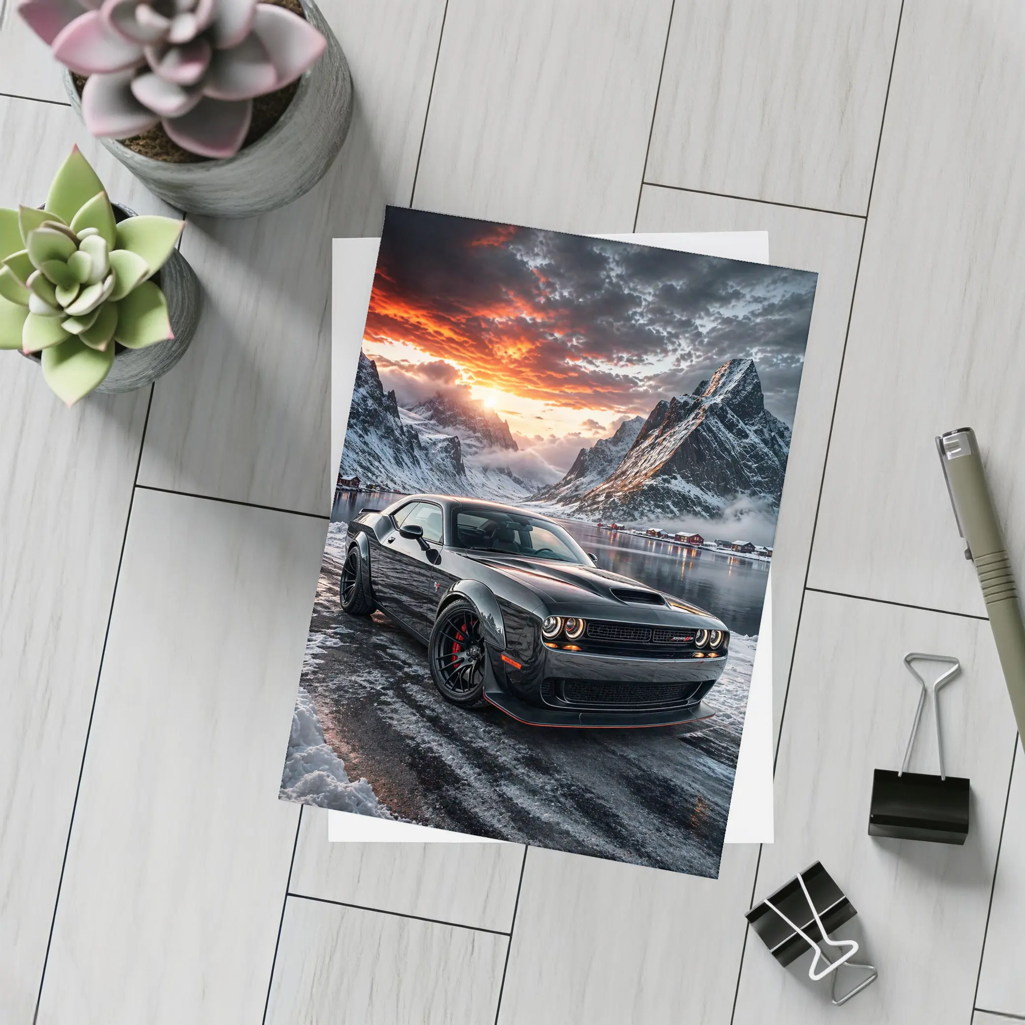 Dodge Challenger SRT Hellcat Winter Mountain Sunset – Postcards