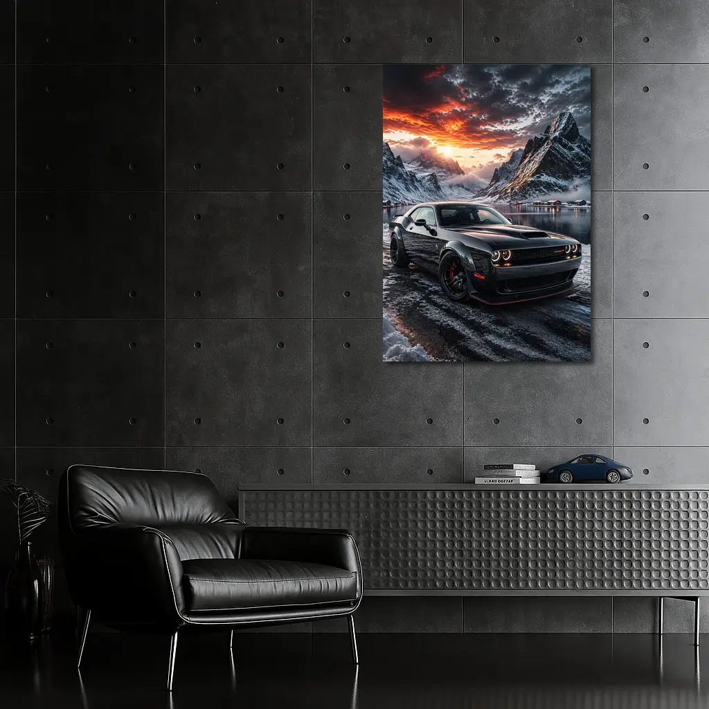 Dodge Challenger SRT Hellcat Winter Mountain Sunset – Wall Art
