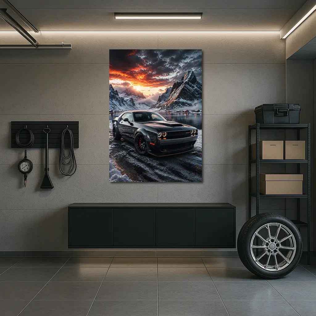 Dodge Challenger SRT Hellcat Winter Mountain Sunset – Wall Art