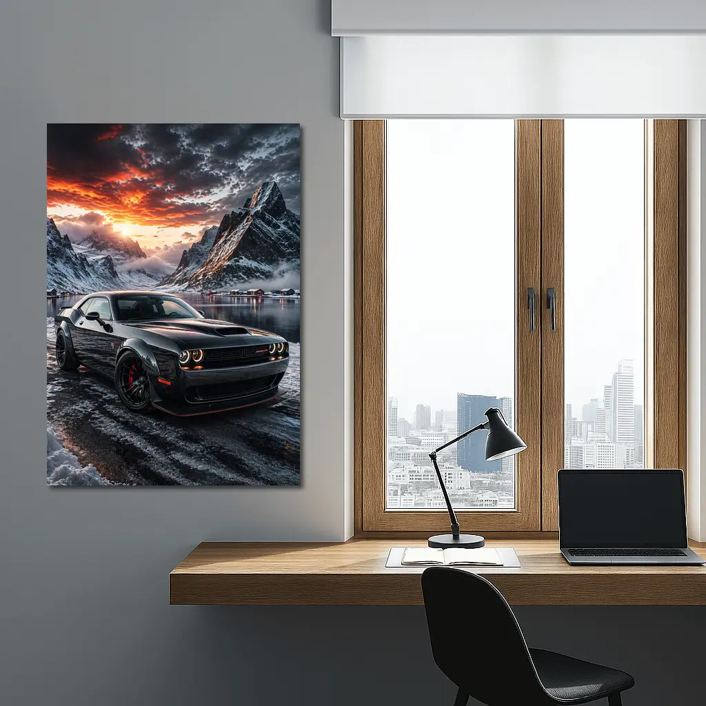 Dodge Challenger SRT Hellcat Winter Mountain Sunset – Wall Art