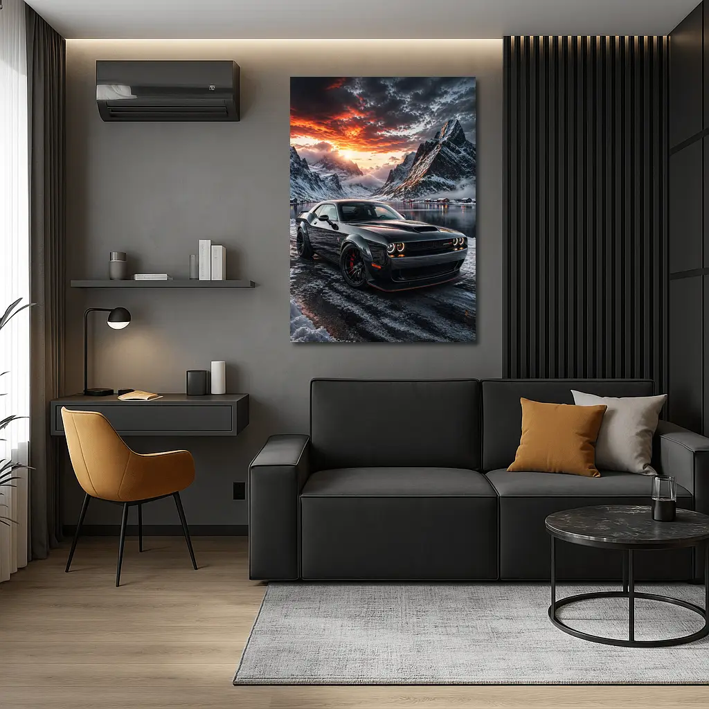 Dodge Challenger SRT Hellcat Winter Mountain Sunset – Wall Art