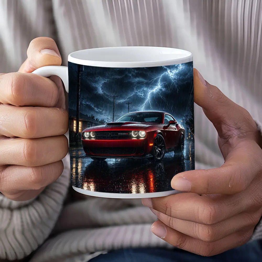 Dodge Challenger Red Muscle Car Stormy Night – Mugs