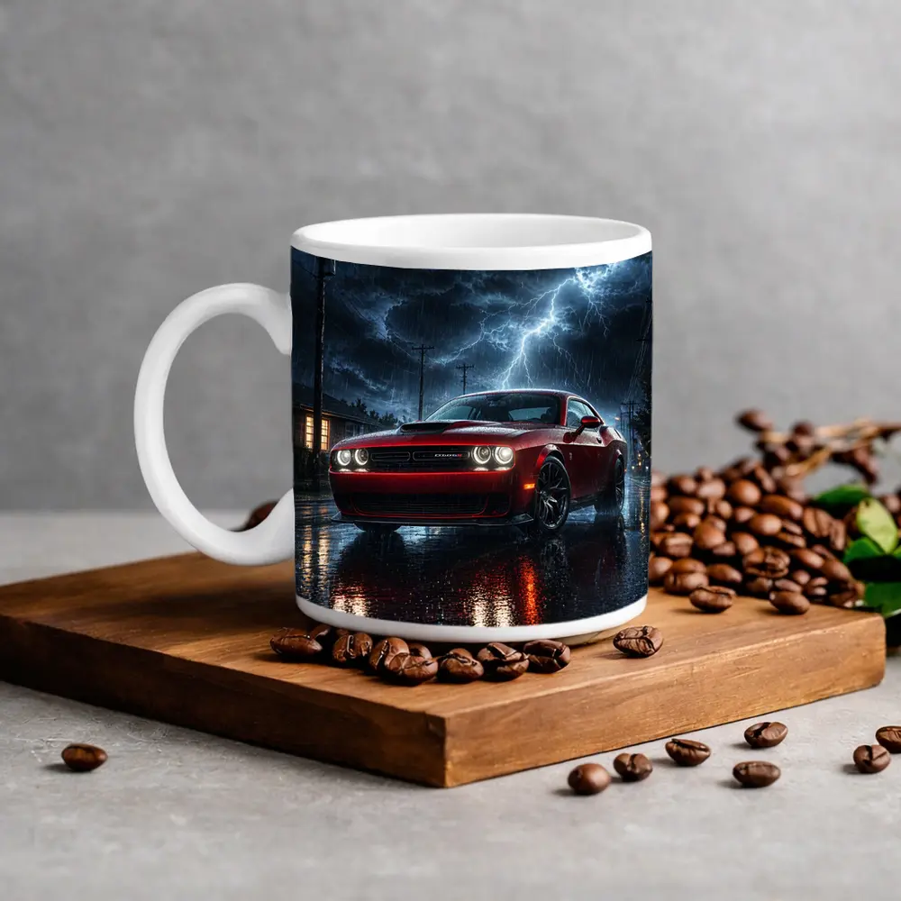 Dodge Challenger Red Muscle Car Stormy Night – Mugs