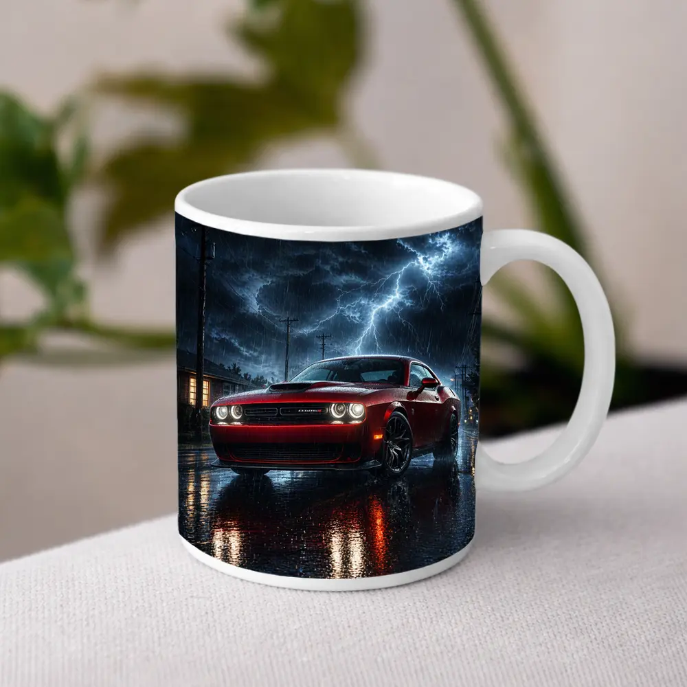 Dodge Challenger Red Muscle Car Stormy Night – Mugs
