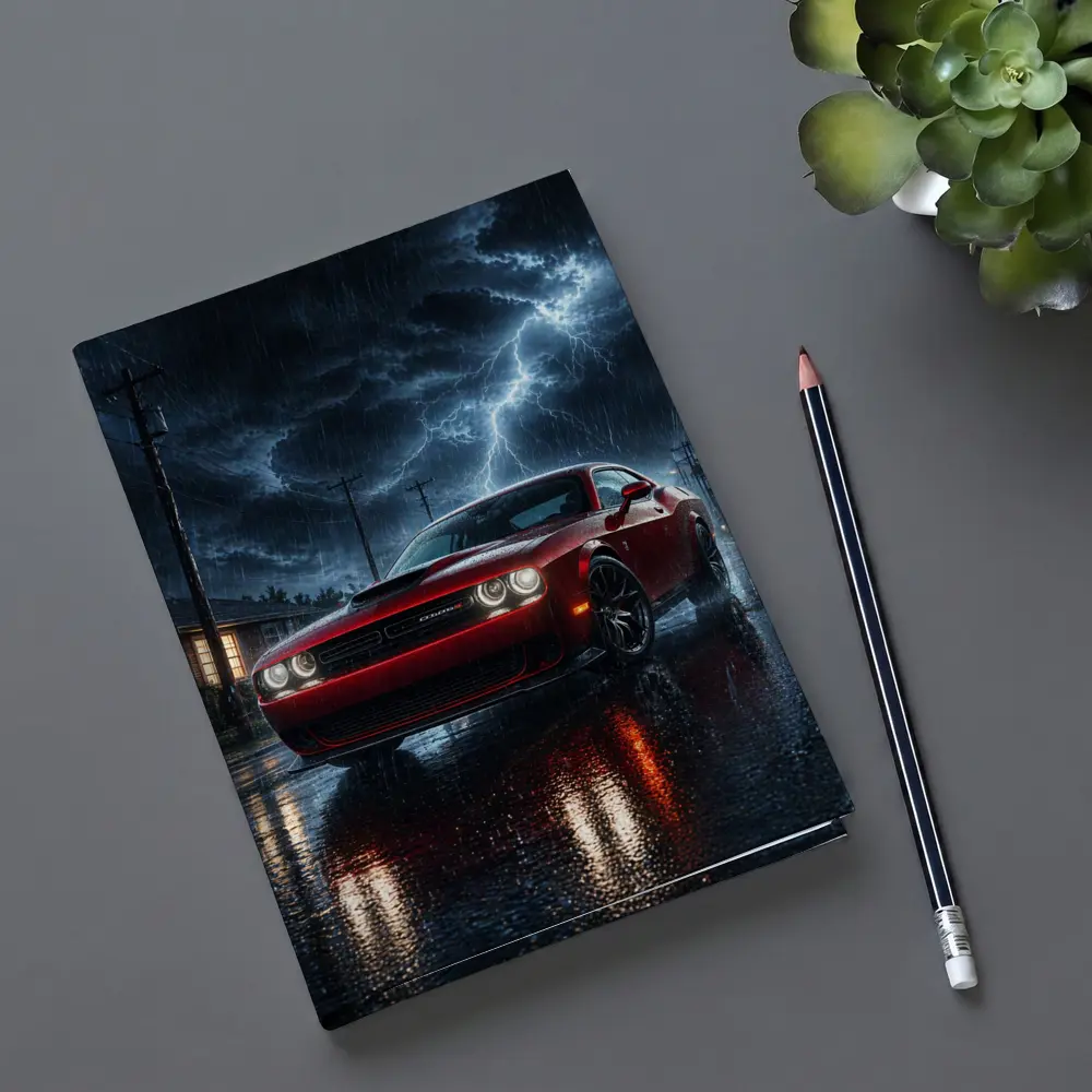 Dodge Challenger Red Muscle Car Stormy Night – Notebooks