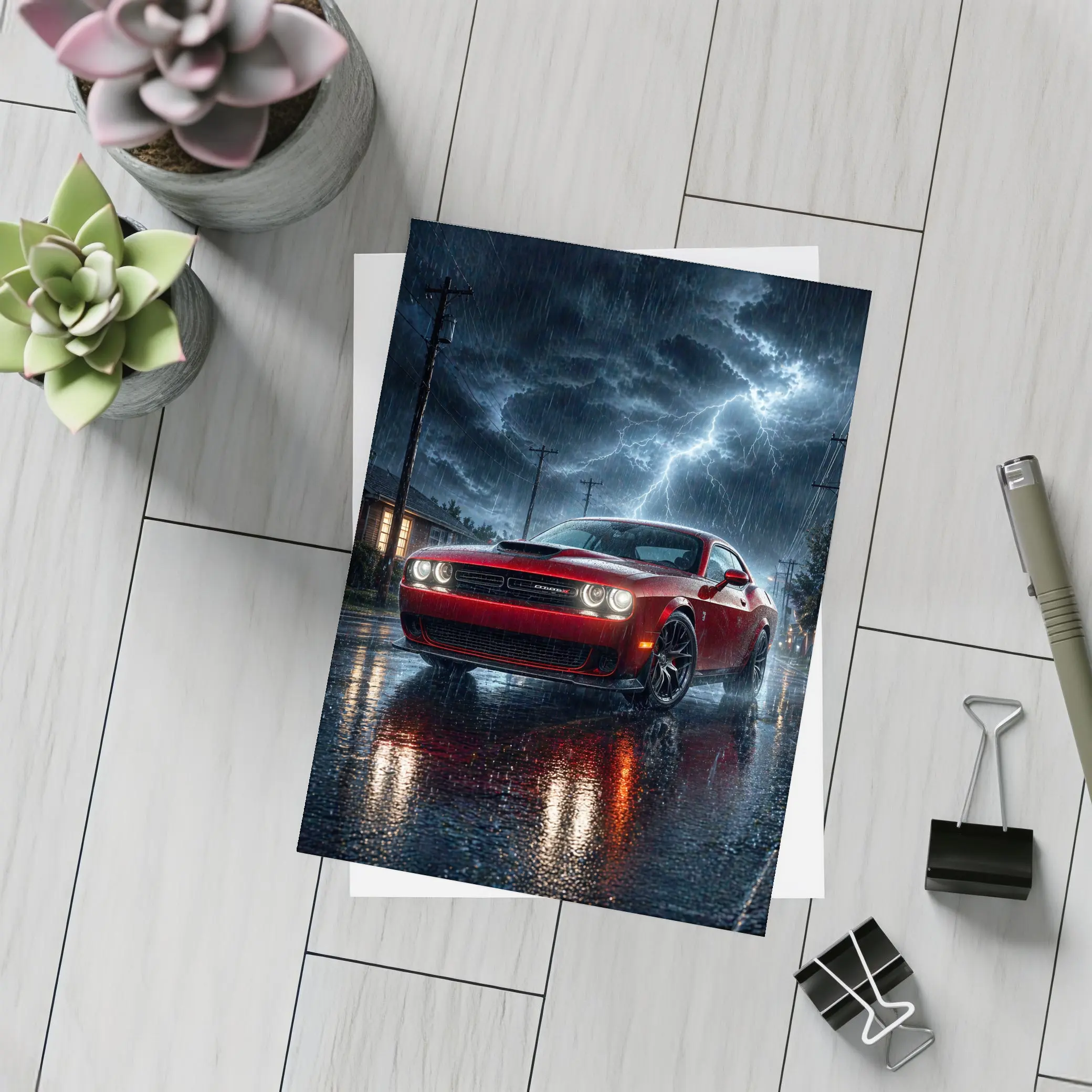 Dodge Challenger Red Muscle Car Stormy Night – Postcards