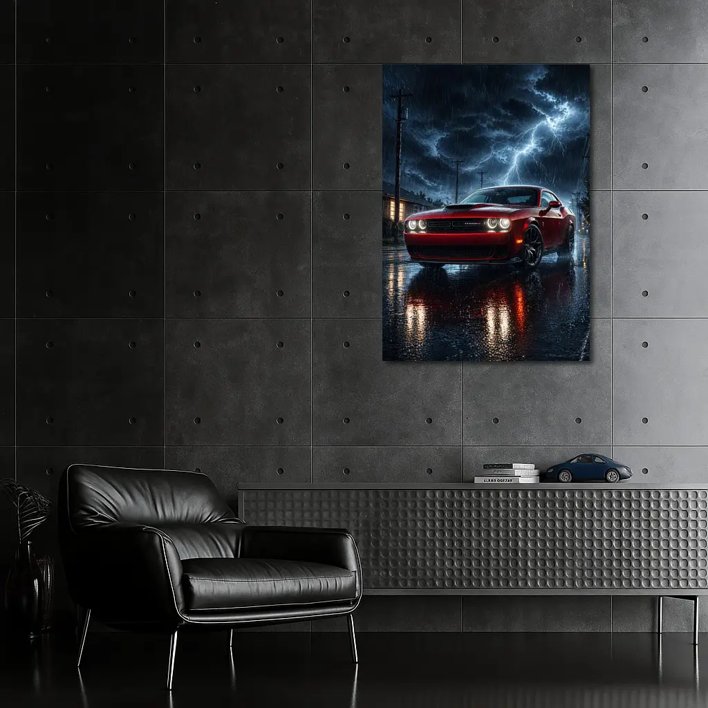 Dodge Challenger Red Muscle Car Stormy Night – Wall Art