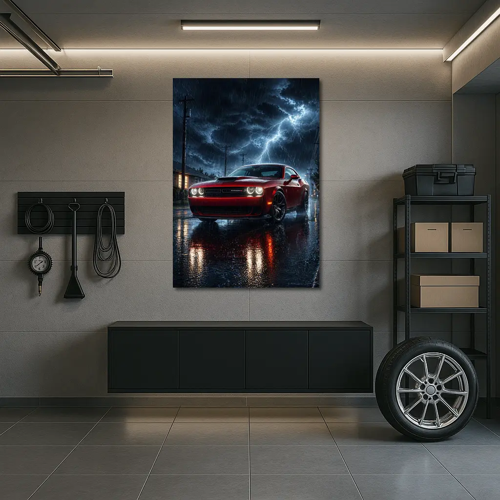 Dodge Challenger Red Muscle Car Stormy Night – Wall Art