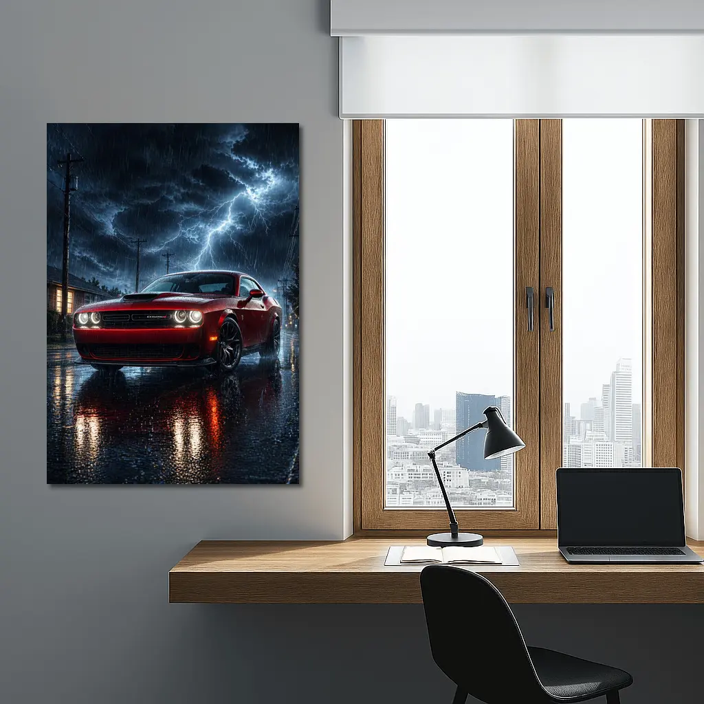 Dodge Challenger Red Muscle Car Stormy Night – Wall Art