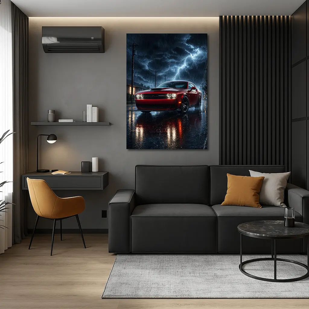Dodge Challenger Red Muscle Car Stormy Night – Wall Art