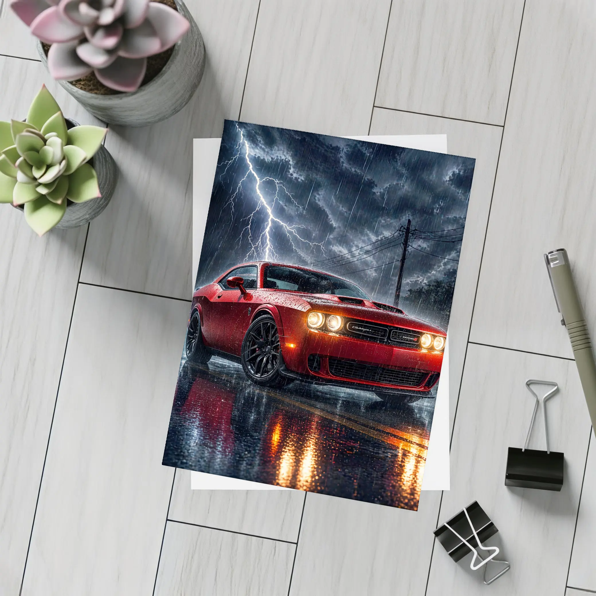 Dodge Challenger Red Storm Lightning Night – Postcards