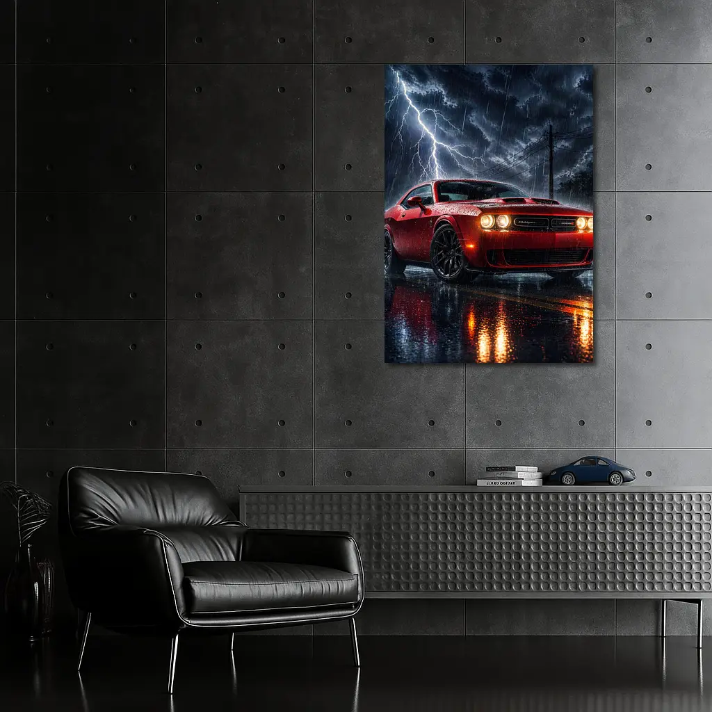Dodge Challenger Red Storm Lightning Night – Wall Art