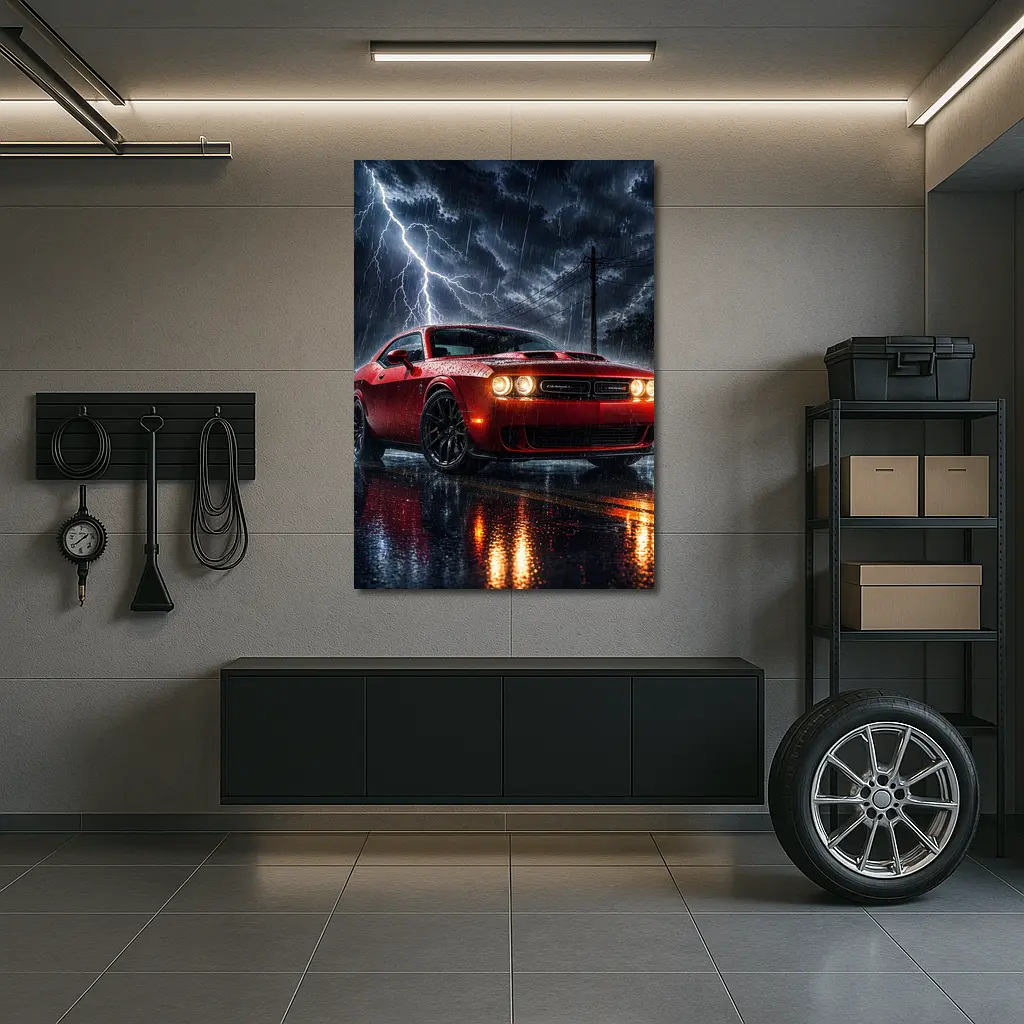 Dodge Challenger Red Storm Lightning Night – Wall Art