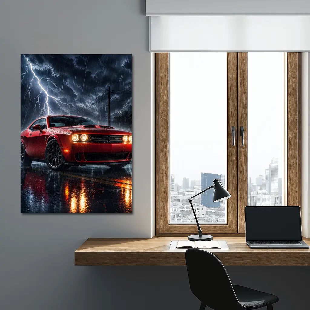 Dodge Challenger Red Storm Lightning Night – Wall Art