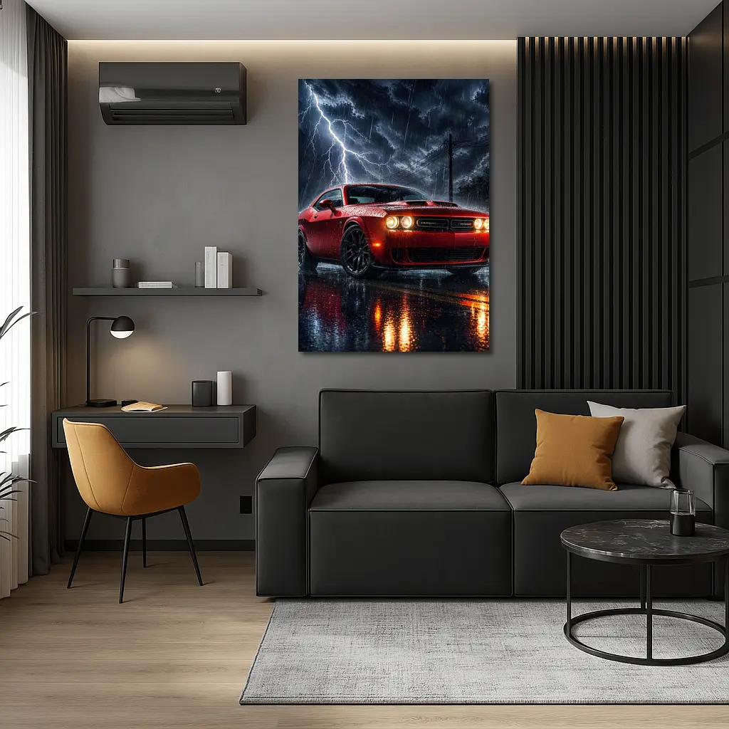 Dodge Challenger Red Storm Lightning Night – Wall Art
