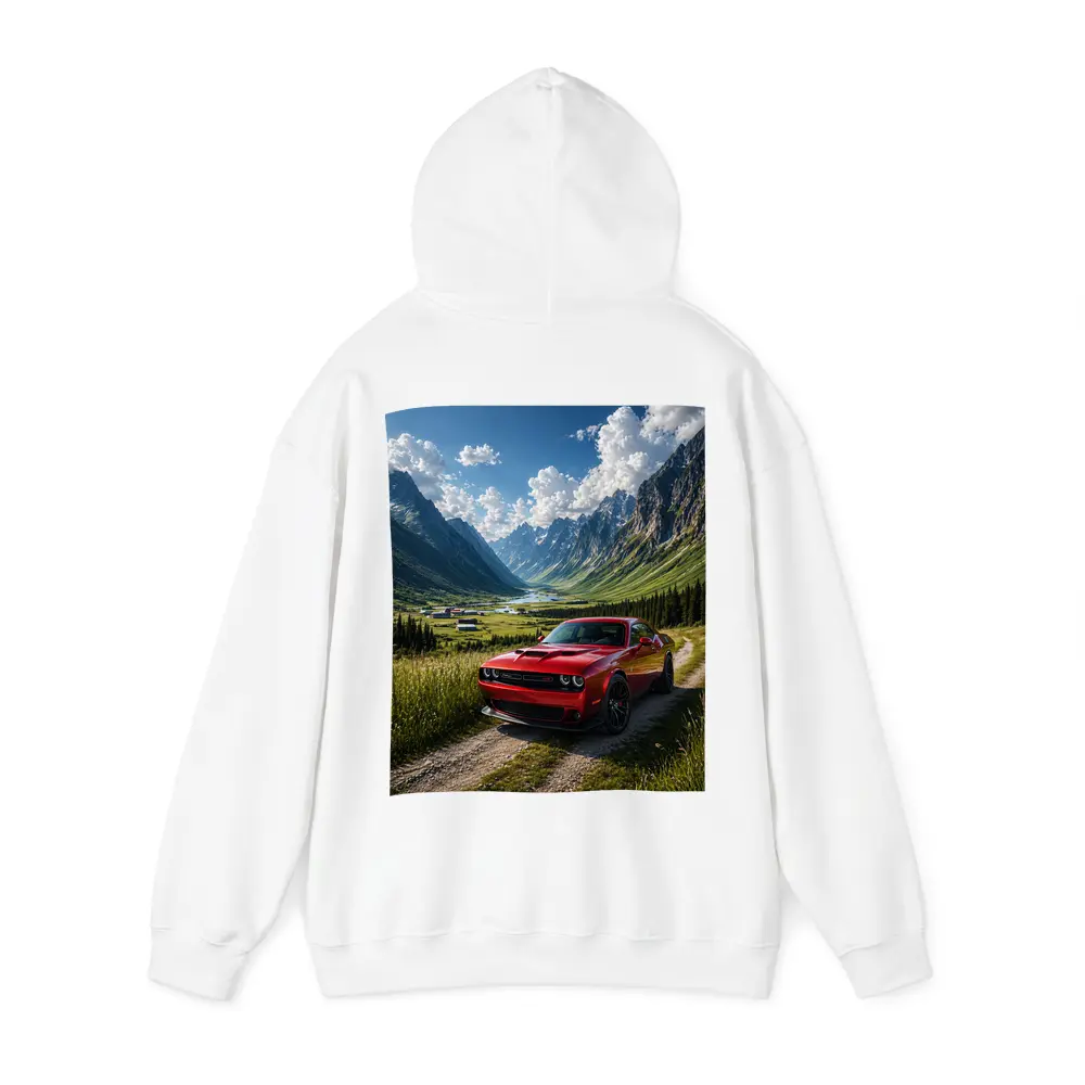 Red Dodge Challenger Parked In Mountain Valley – Hoodies