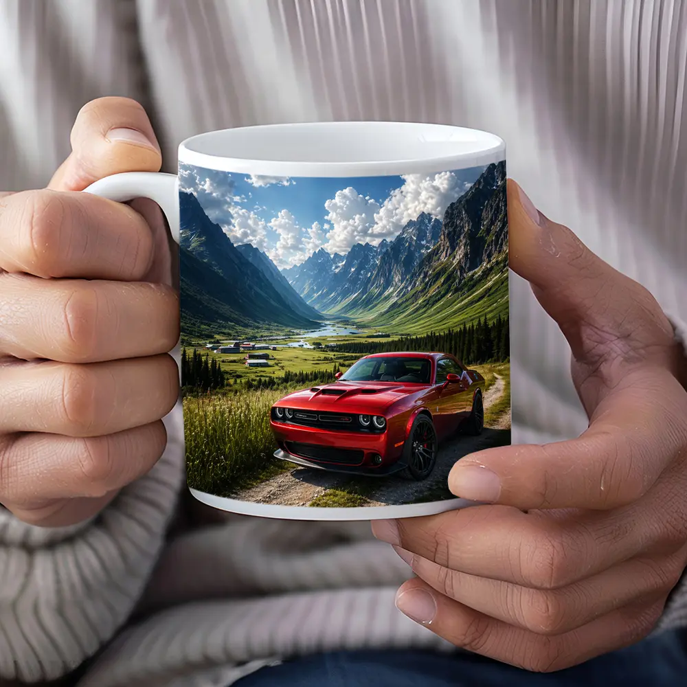 Red Dodge Challenger Parked In Mountain Valley – Mugs