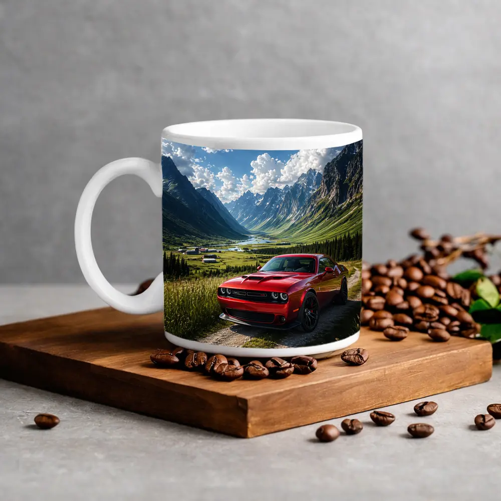 Red Dodge Challenger Parked In Mountain Valley – Mugs