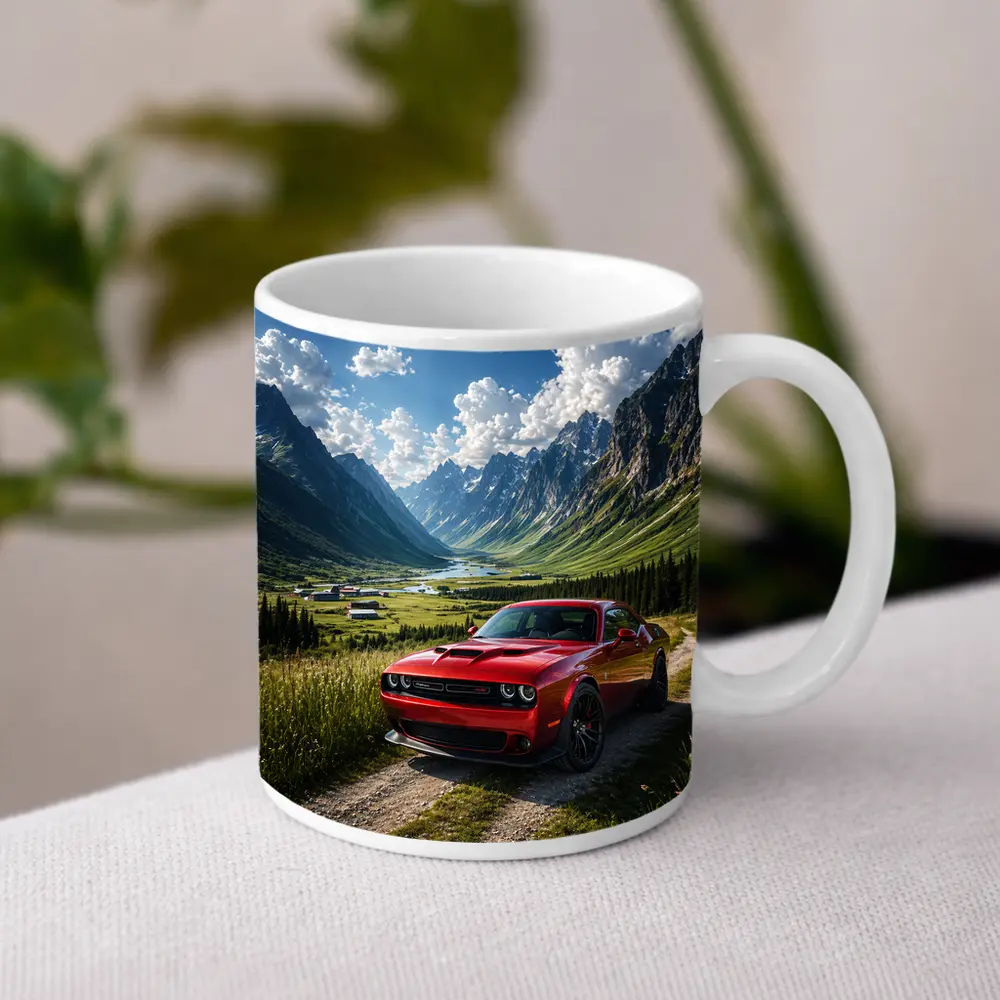 Red Dodge Challenger Parked In Mountain Valley – Mugs