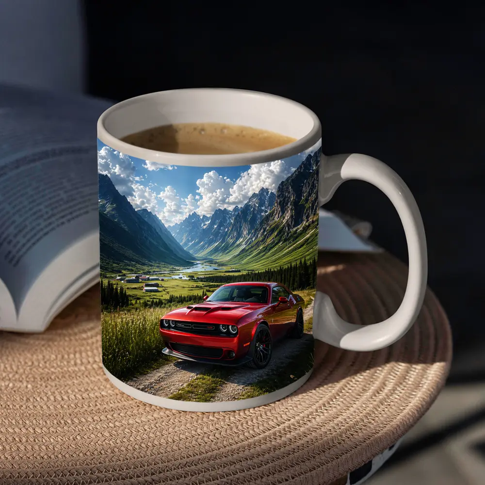 Red Dodge Challenger Parked In Mountain Valley – Mugs