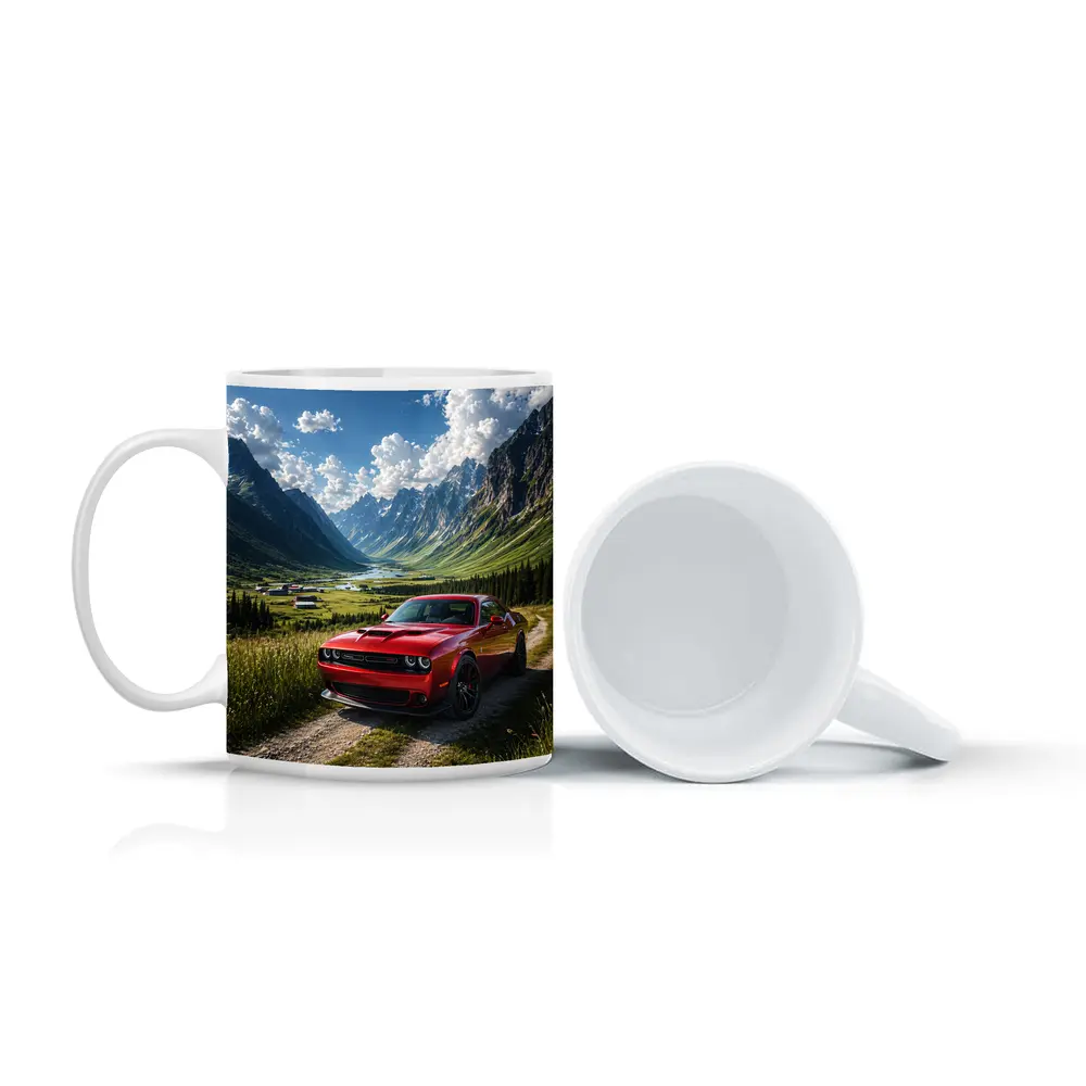 Red Dodge Challenger Parked In Mountain Valley – Mugs