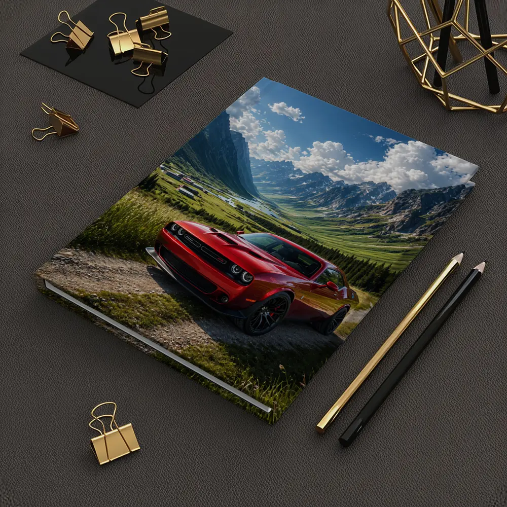 Red Dodge Challenger Parked In Mountain Valley – Notebooks