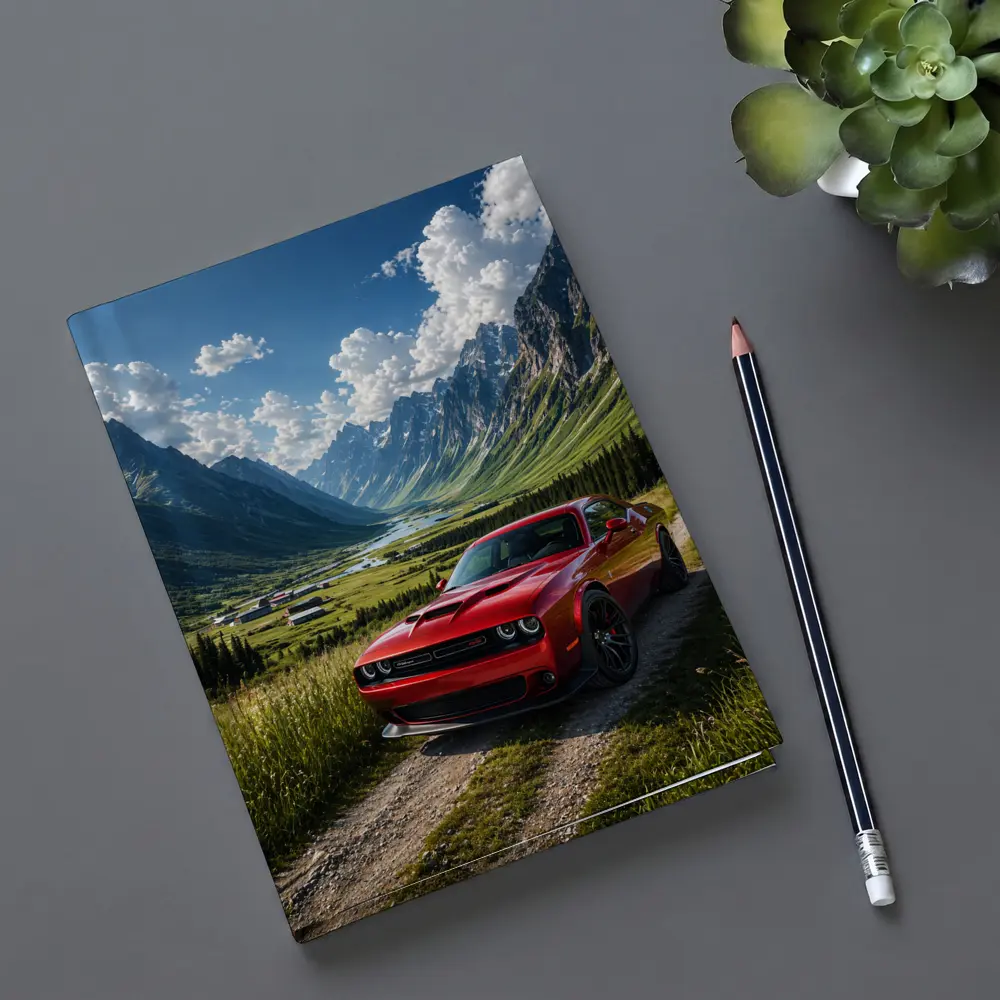 Red Dodge Challenger Parked In Mountain Valley – Notebooks